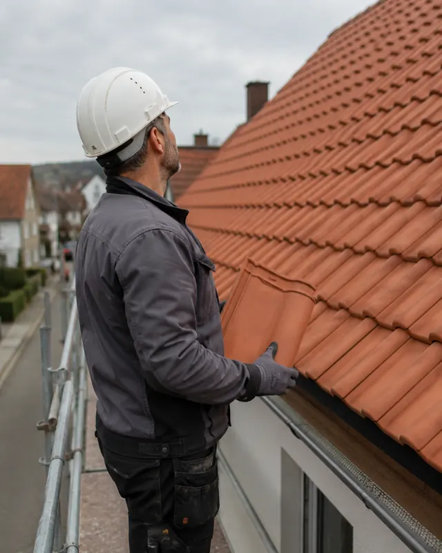 Dachdecker mit Schutzhelm und Dachziegel in der Hand auf dem Gerüst vor einem roten Ziegeldach