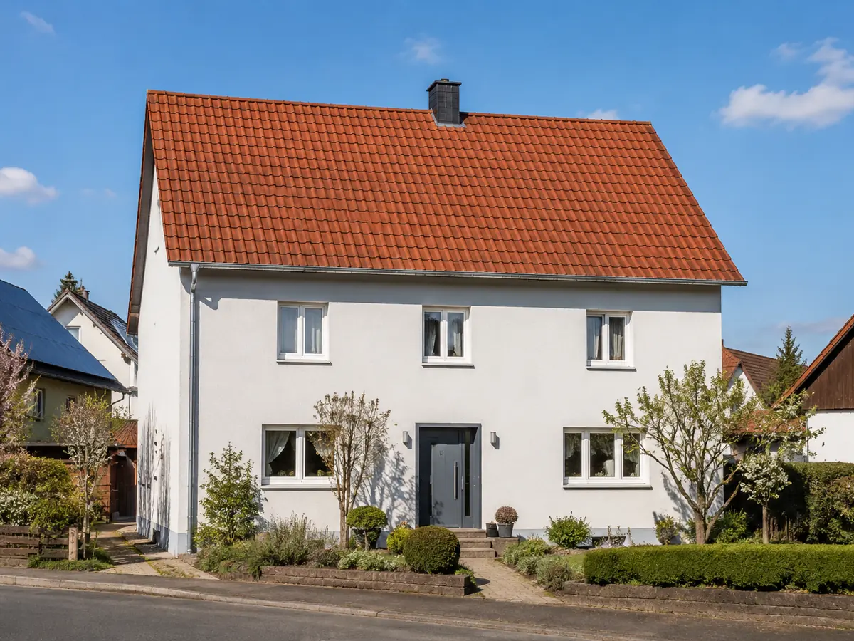 Frisch eingedecktes Satteldach eines Einfamilienhauses mit roten Tonziegeln